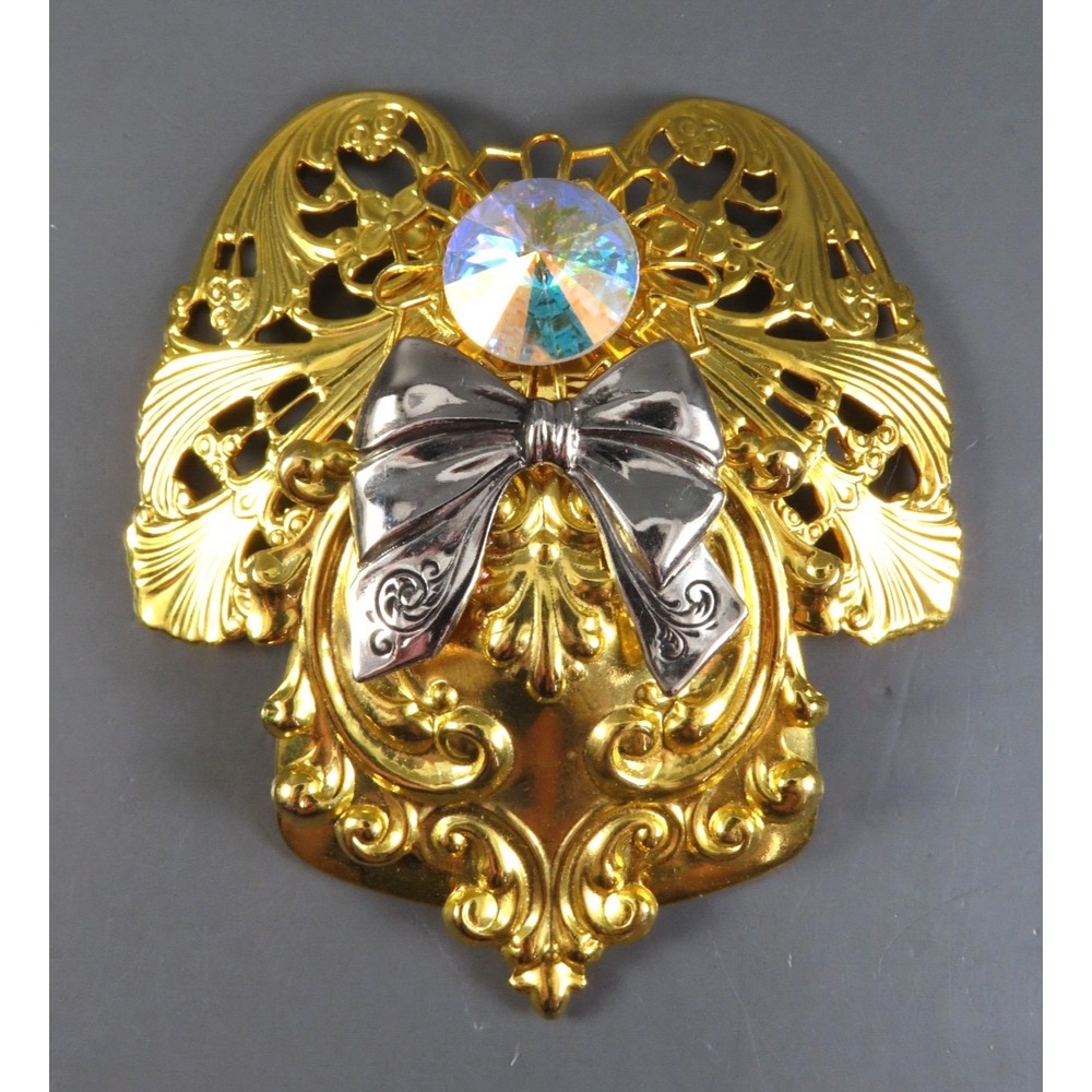 VTG BIG GOLD ANGEL BROOCH PIN Signed Jane CLEAR AB RIVOLI RHINESTONE Silver Bow